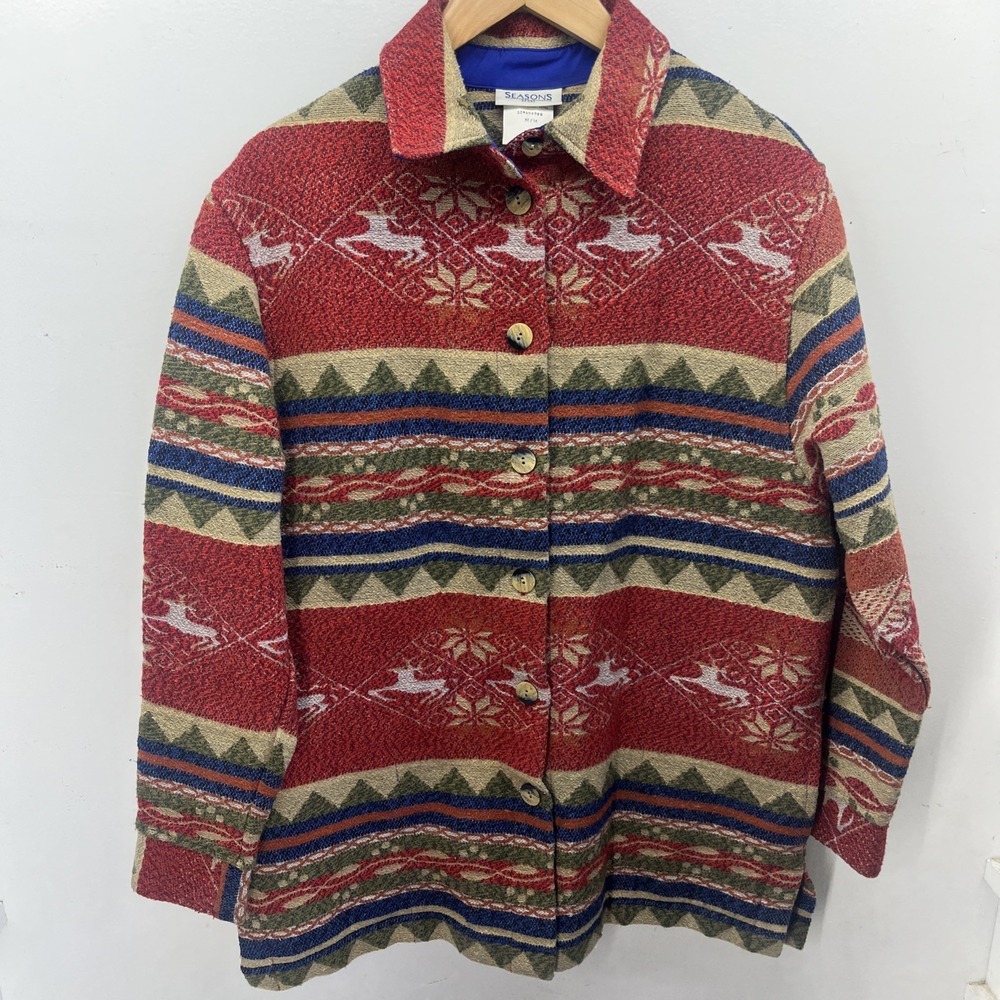 Vintage 90's Tapestry Woven Knit Jacket Wool Blend Western Deer Womens Medium - Picture 2 of 12
